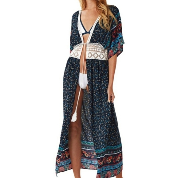 CUPSHE Tie Front Blue Boho Floral Lace Trimmed Swim Cover Up Size Small - Picture 2 of 7